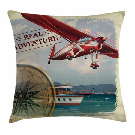 Adventure Throw Pillow Cushion Cover, Real Adventure Quote with Coastline and a Red Airplane Journey Travel Themed Art, Decorative Square Accent Pillow Case, 16 X 16 Inches, Multicolor, by