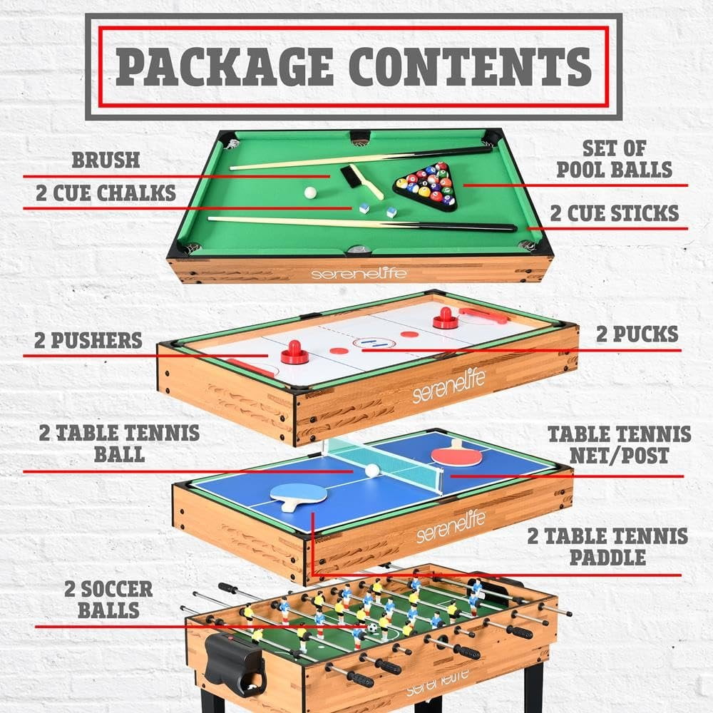 4in1 Multi Game Table, 48" Sports Arcade with Accessories, Ping Pong, Air Hockey, Pool Billiards, Soccer Foosball All in One, for Indoor and Outdoor, Family, Kids and Adults