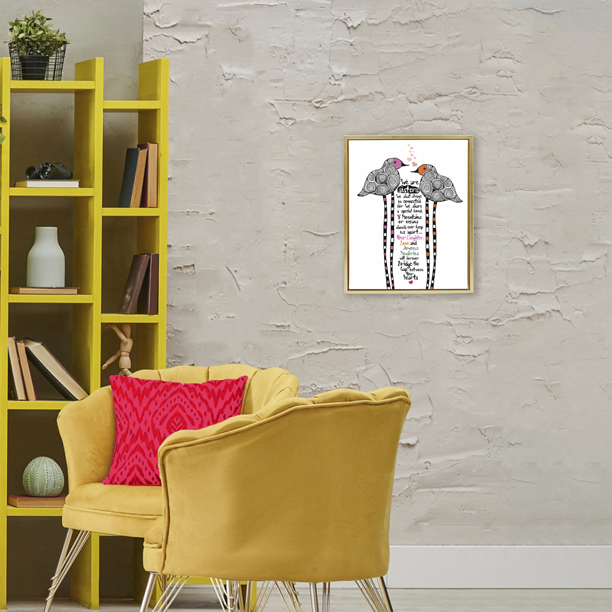 We Are Sisters Bird Duo Gold Framed Floater Canvas Wall Art, design by Suzanne Millius