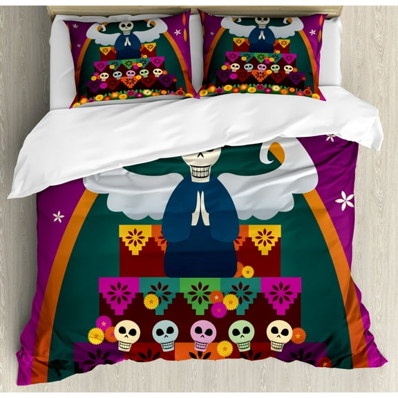 Sugar Skull Queen Size Duvet Cover Set, Angel Figure with Skull Head on top of Altar to Celebrate Dia de los Muertos, Decorative 3 Piece Bedding Set with 2 Pillow Shams, Multicolor, by Ambesonne