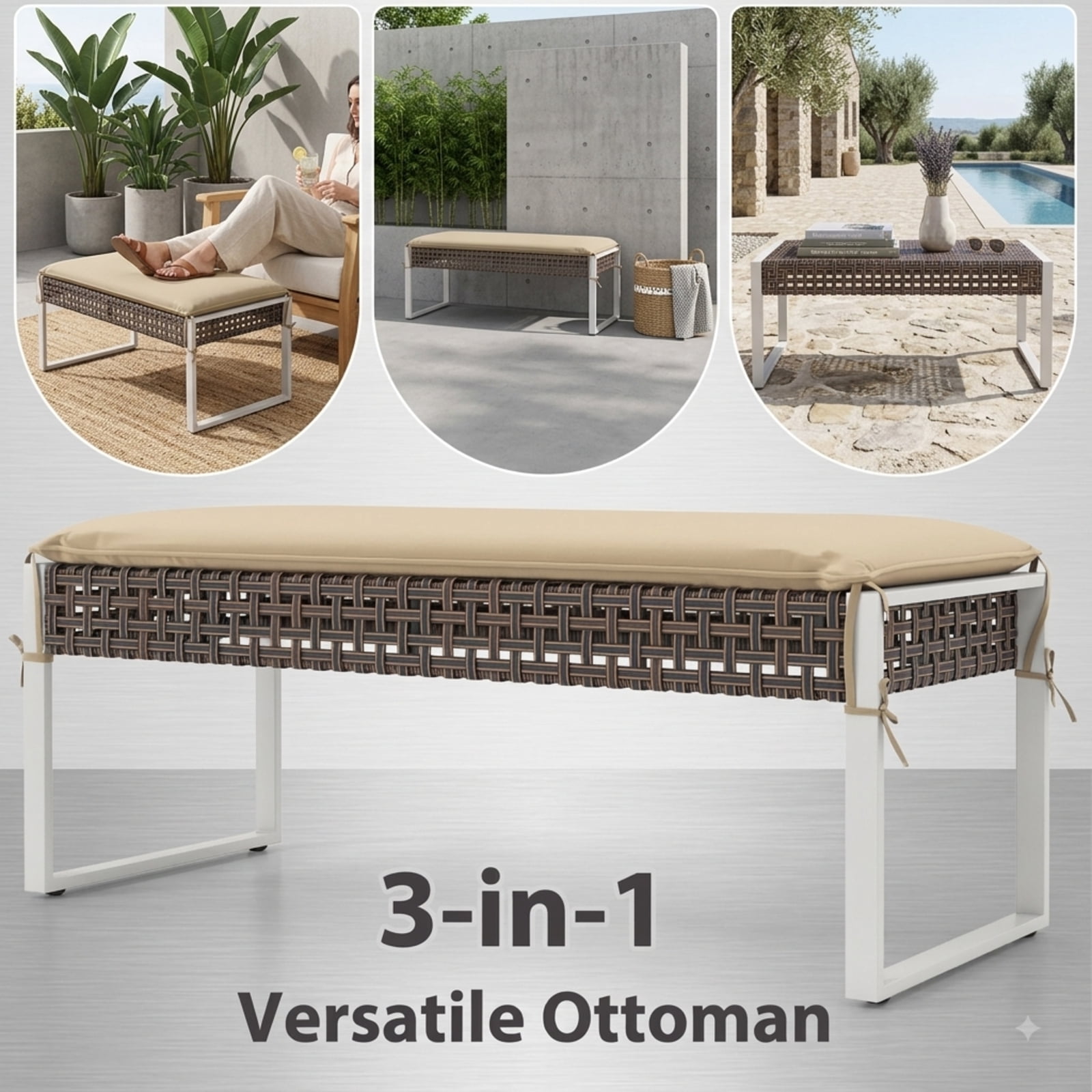 Furnibear 43 Inch Patio Rectangle Ottoman Set of 2, Outdoor PE Rattan Wicker Footrest with Metal Legs & Cushion for Backyard Poolside, 800 LBS, Beige