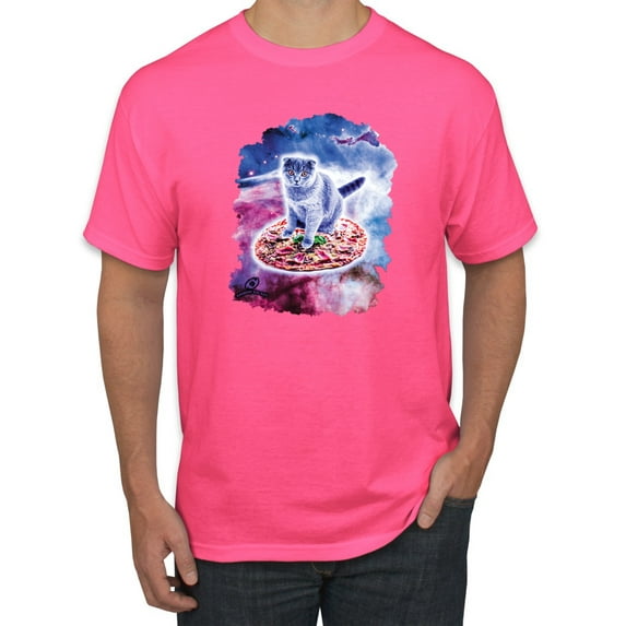 Wild Bobby, Cute Trippy Space Cat Riding Pizza, Animal Lover, Men Graphic Tees, Neon Pink, Medium