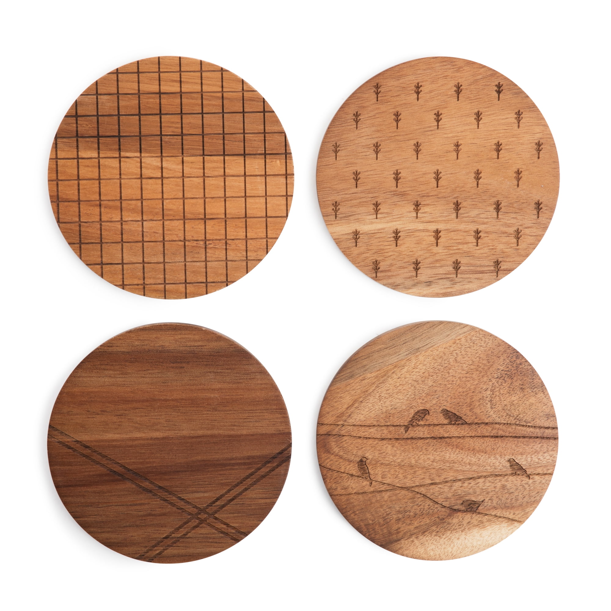 Thyme & Table Home Acacia Wood Laser Etched Drink Coasters, 4 Piece Set