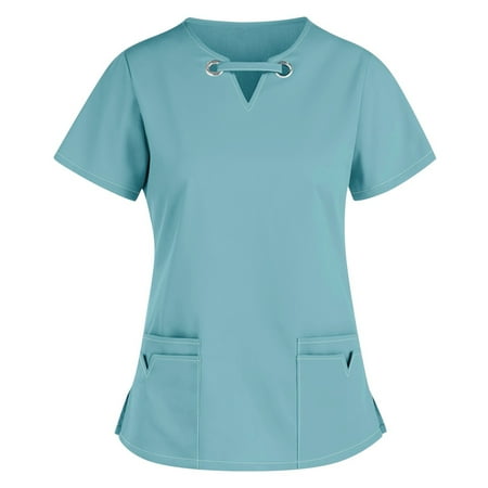 

Women Solid Color Print Casual Short Sleeve V-neck Carer Top Blue L