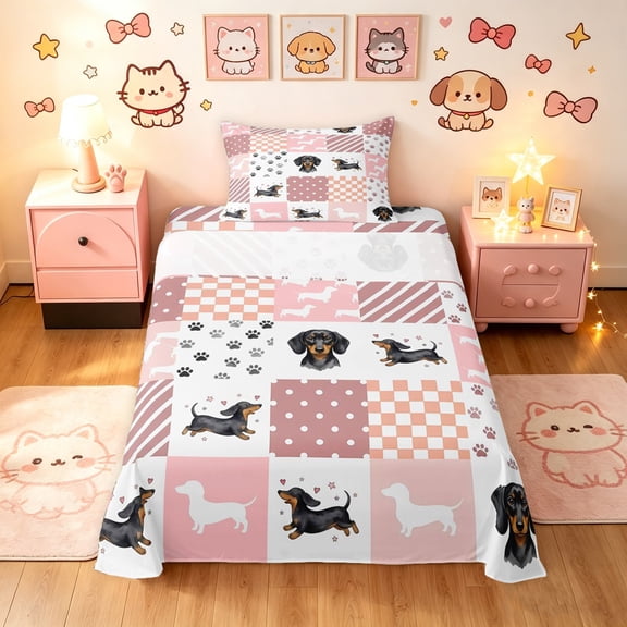 Manfei Cute Dachshund Dog Twin Sheets, Buffalo Plaid Bedding, Pink White, 3 Pieces, 1 Flat Sheet, 1 Fitted Sheet and 1 Pillowcase