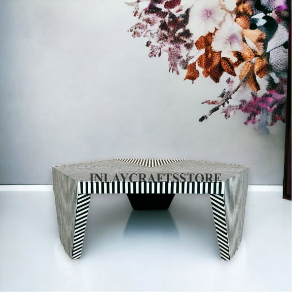 LAKECITY ARTS Bone Inlay Hexagonal Stripe Coffee Table Black, Bone Inlay Hexagonal Stripe Center Table Black