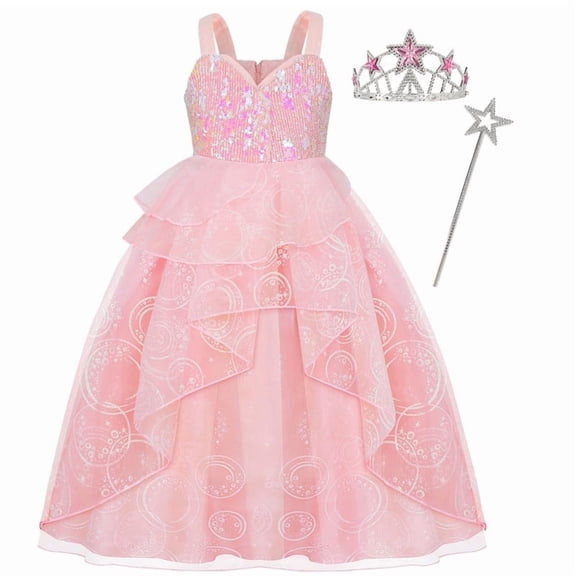 Marendyee Glinda Dress for Girls Pink Tulle and Sequin Dress for Kids Halloween Cosplay Costumes