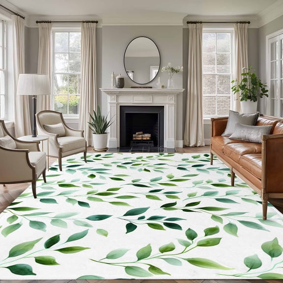 Rectangle Area Rugs 8 x 10 Ft, Green Leaves Non-Slip Residential Carpet, Botanical Spring Country Watercolor Indoor Crawling Mats Runner Rugs for Living Room/Dining Room/Bedroom