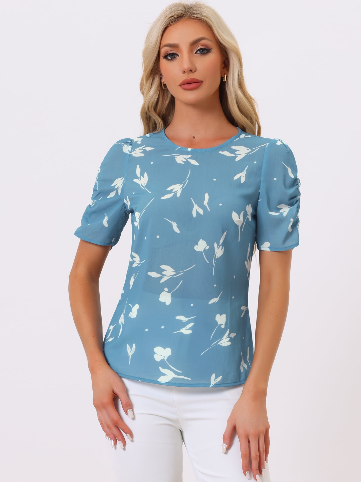 DARING DIVA Floral Crew Neck Shirred Short Sleeve Casual Top XL Blue Floral