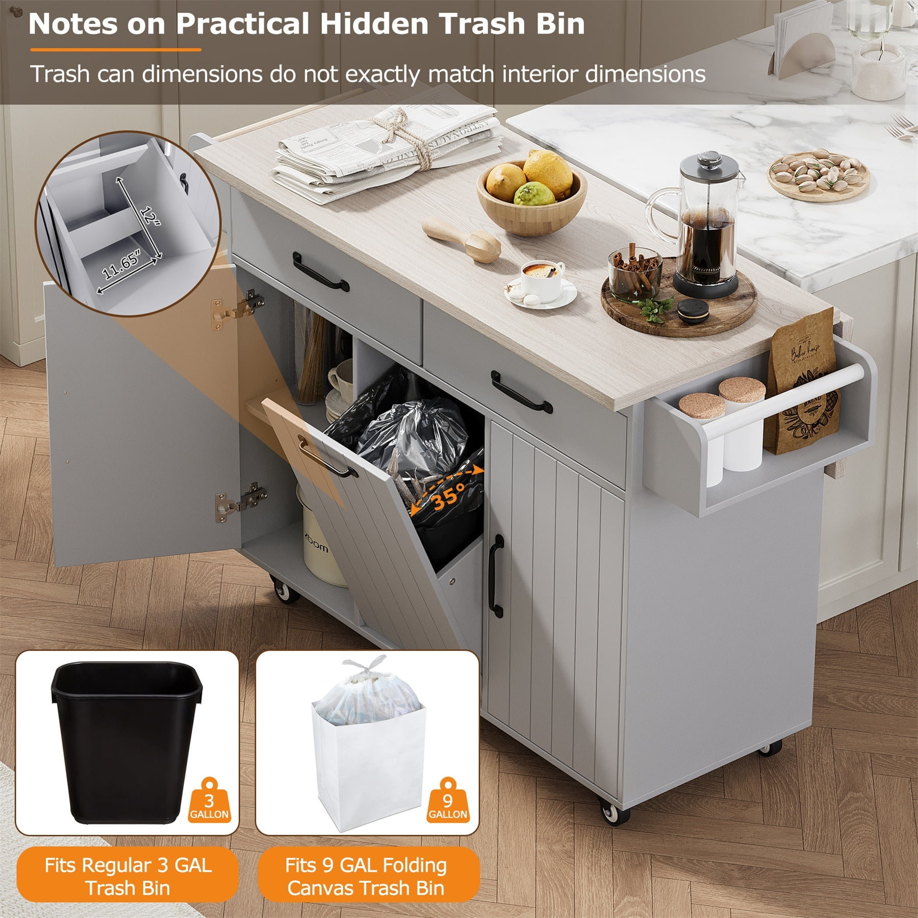 Alvantor Kitchen Island Carts with Trash Can, Rolling Buffet Cabinet with Drop Leaf,Spice Rack and Towel Rack for Dining Room Living Room Grey