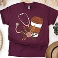 thumbnail image 1 of Nurse Graphic T-Shirt with Coffee Cup and Stethoscope Design, Maroon, Size M, 1 of 6