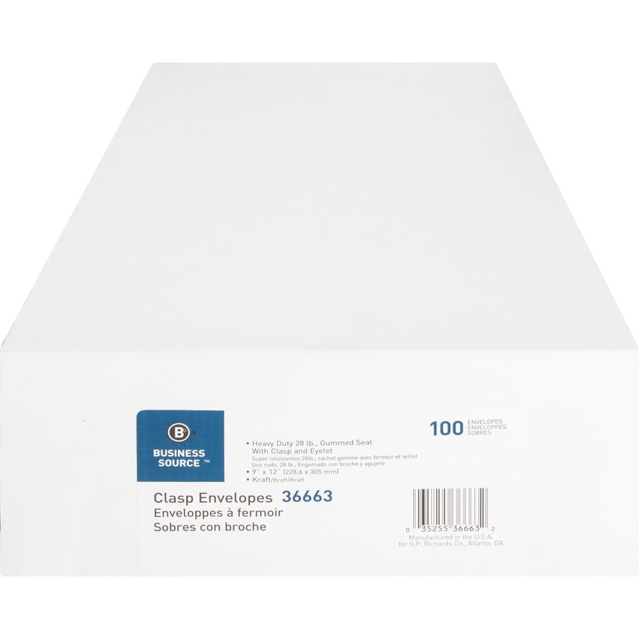 Business Source Clasp Envelopes 28 lb. 9"x12" 100/BX Brown Kraft 36663