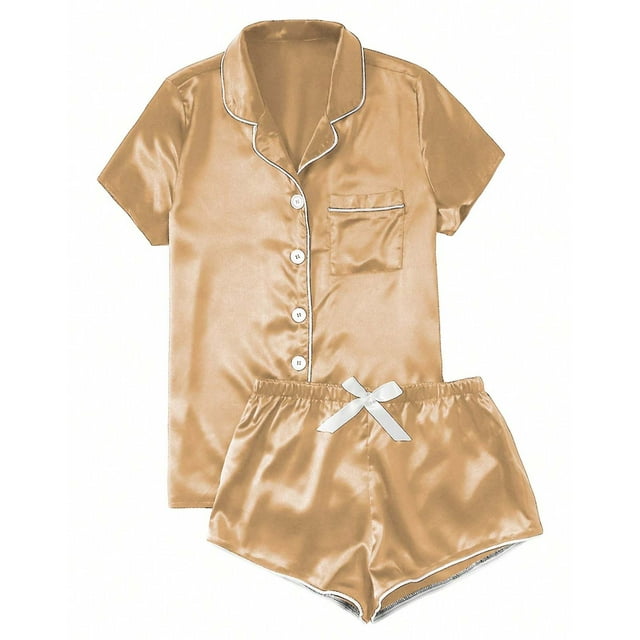 Womens Satin Pajamas Set Short Sleeve Top and Shorts 2 Piece Sleepwear Set, Bride Pajamas Set