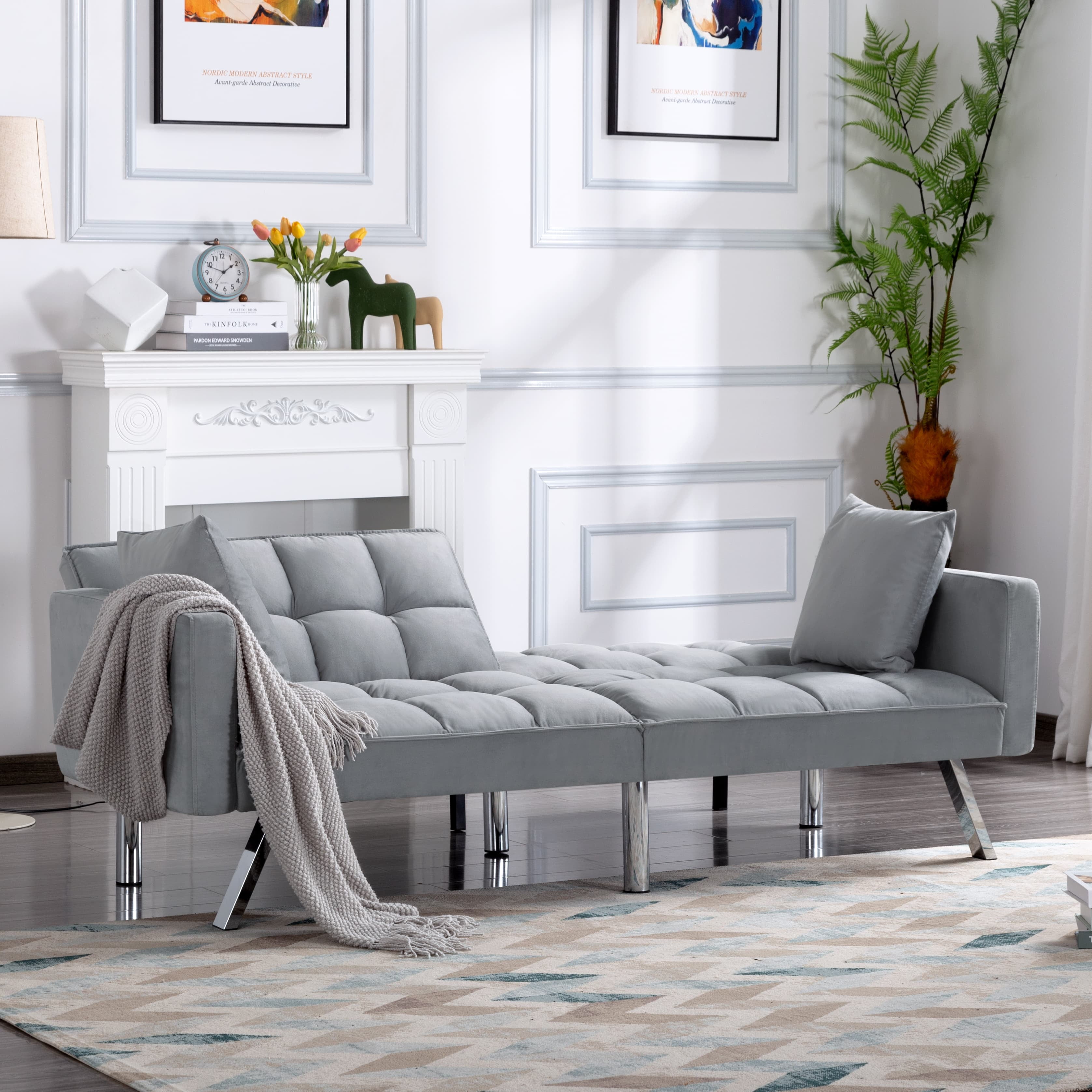 BSHTI 74-Inch Futon Convertible Stylish Sofa, Twin Size with 3 Adjustable Angled Backrest, Luxurious Velvet, 2 Toss Pillows, Easy Assembly Sleeper Sofa, Gray