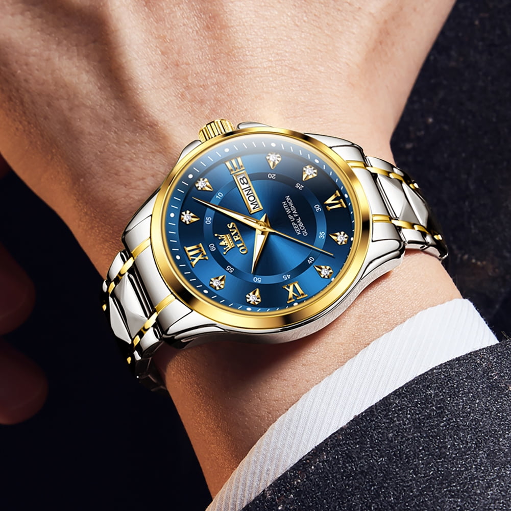OLEVS Watches for Men Business Dress Diamond Analog Quartz Date Luxury Classic Casual Stainless Steel Waterproof Luminous Mens Wrist Watches Gifts Reloj para Hombre Blue/Gold/Black Dial