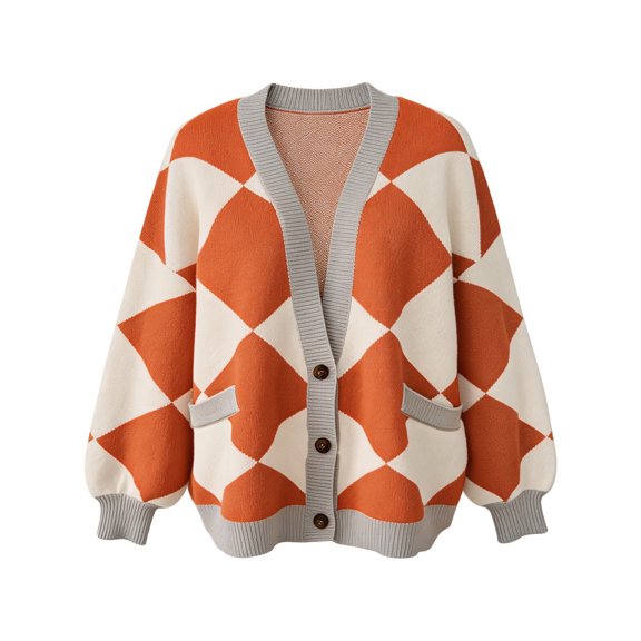 Women Y2k Aesthetic Cardigan Sweaters Argyle Long Sleeve Open Front Knitted Sweaters (Red L)