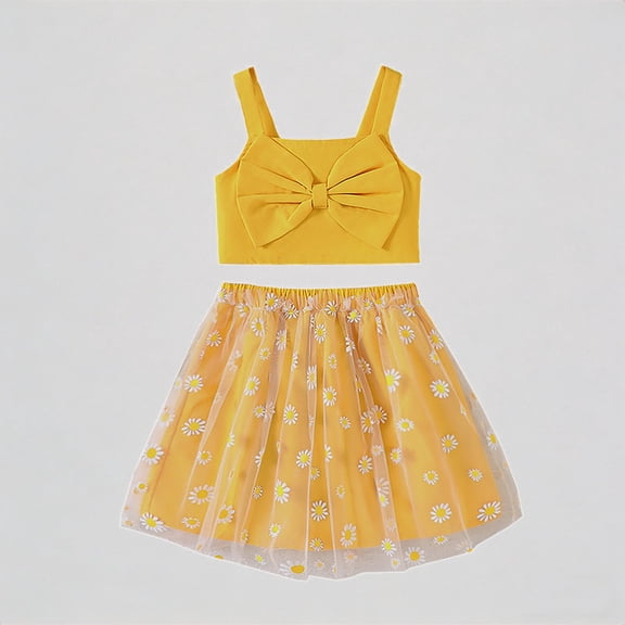 Krdevn Girls Summer Outfits Floral Print Sleeveless Dress with Bow Mesh Skirt Set Casual Playwear for Toddler Kids,6-7 Years