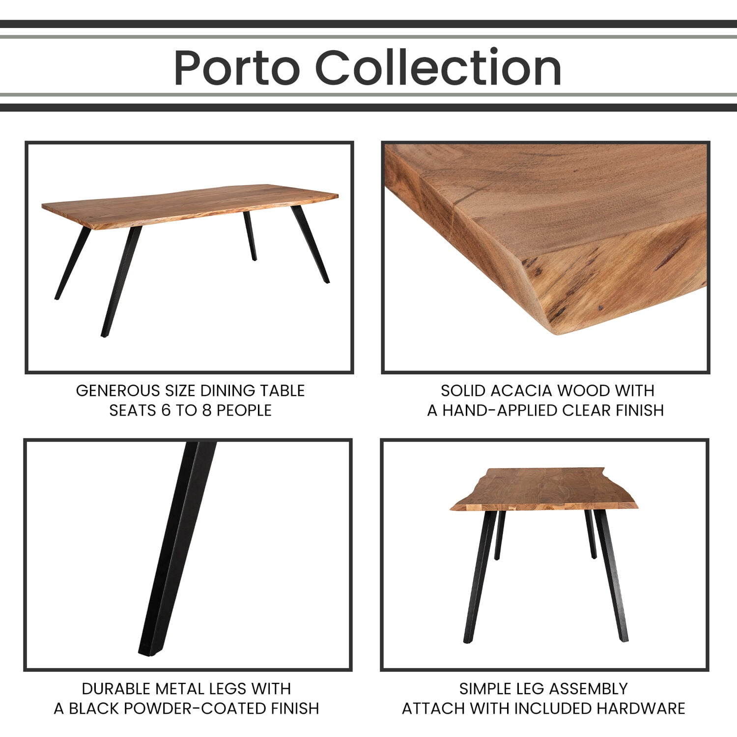 Hanover Porto 90-In. Acacia Wood Dining Table | Modern Live Edge Design | Perfect for Dining Room or Kitchen | Natural Top with Black Legs, HDR011-NAT