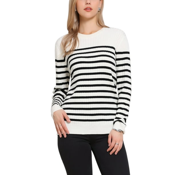 Suéter a rayas INSPIRE CHIC para mujer, con hombros caídos, cuello redondo, manga larga, pulóver de bloques de color, tops de punto XS blanco y negro
