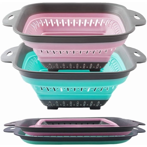 Collapsible Colander Set 2 PCS, Square Silicone Kitchen Strainers and Colanders, Foldable Collapsible Strainers for Kitchen, Food Drainer for Pasta Vegetable Fruit