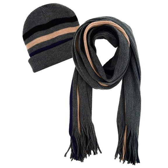 Mens Gray & Beige Knit Winter Scarf & Hat Set