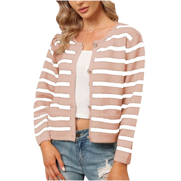 Blusa cárdigan informal de otoño e invierno para mujer, blusa corta a rayas de manga larga con un solo pecho, suéter Fridja hjk1671