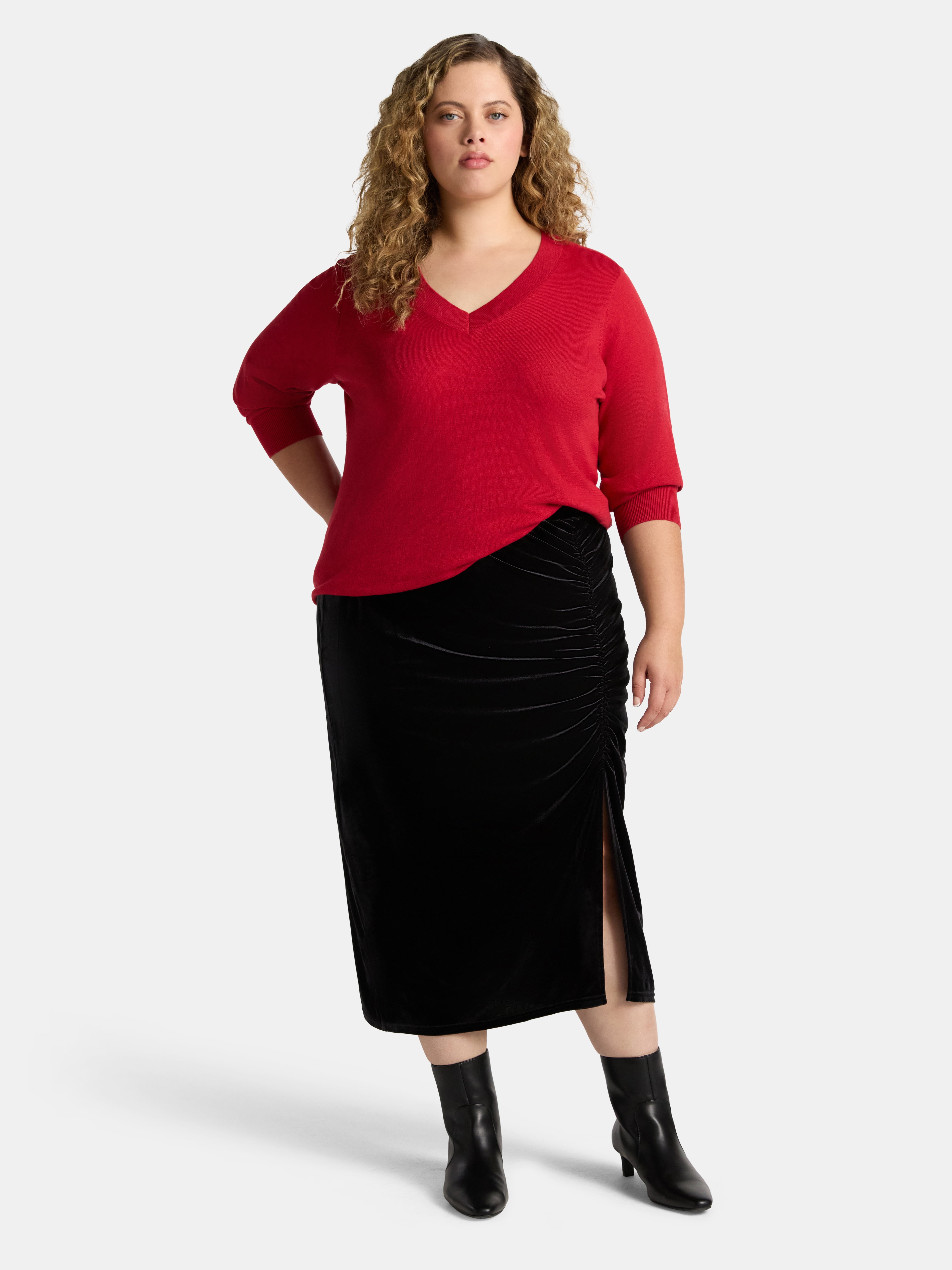 Terra & Sky Women's Plus Velvet Midi Skirt, Sizes 0X-5X