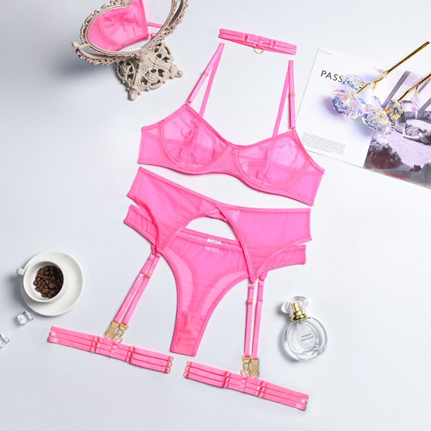 Yimunancy Conjunto de sujetador de encaje de 4 piezas Conjunto de ropa interior de panty de malla para mujer Conjunto de lencería sexy transparente de 8 colores Tan Jianjun unisex