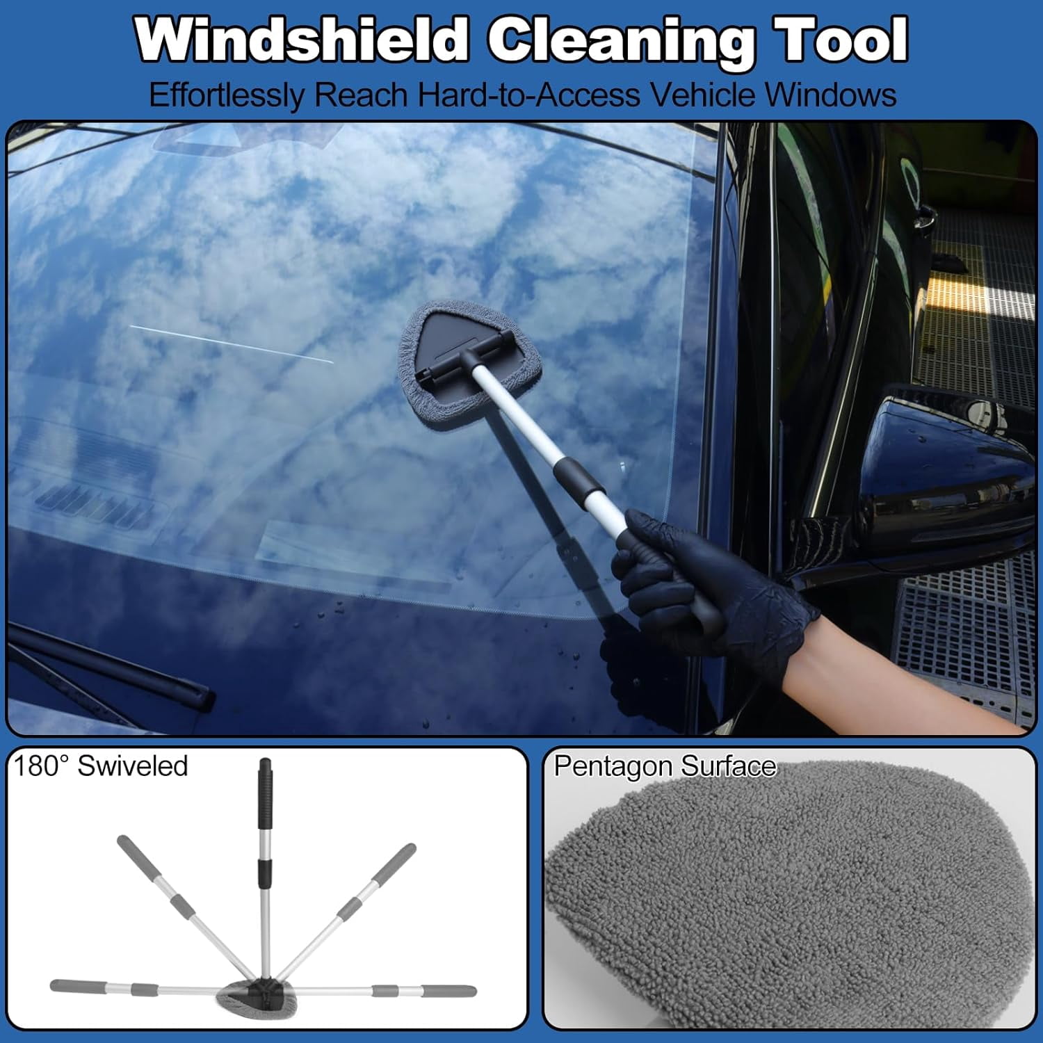 Windshield Cleaner Tool, Car Cleaning Kit - Interior Detailing Kit with Extendable Handle, Cleaning Gel & Microfiber Pads, All-in-One Inside Car Cleaning Supplies
