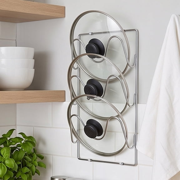 Pot Lid Organizer Wall Mount Metal Rack for Cabinet Door and Wall Storage, 3 Slots, Thick Iron