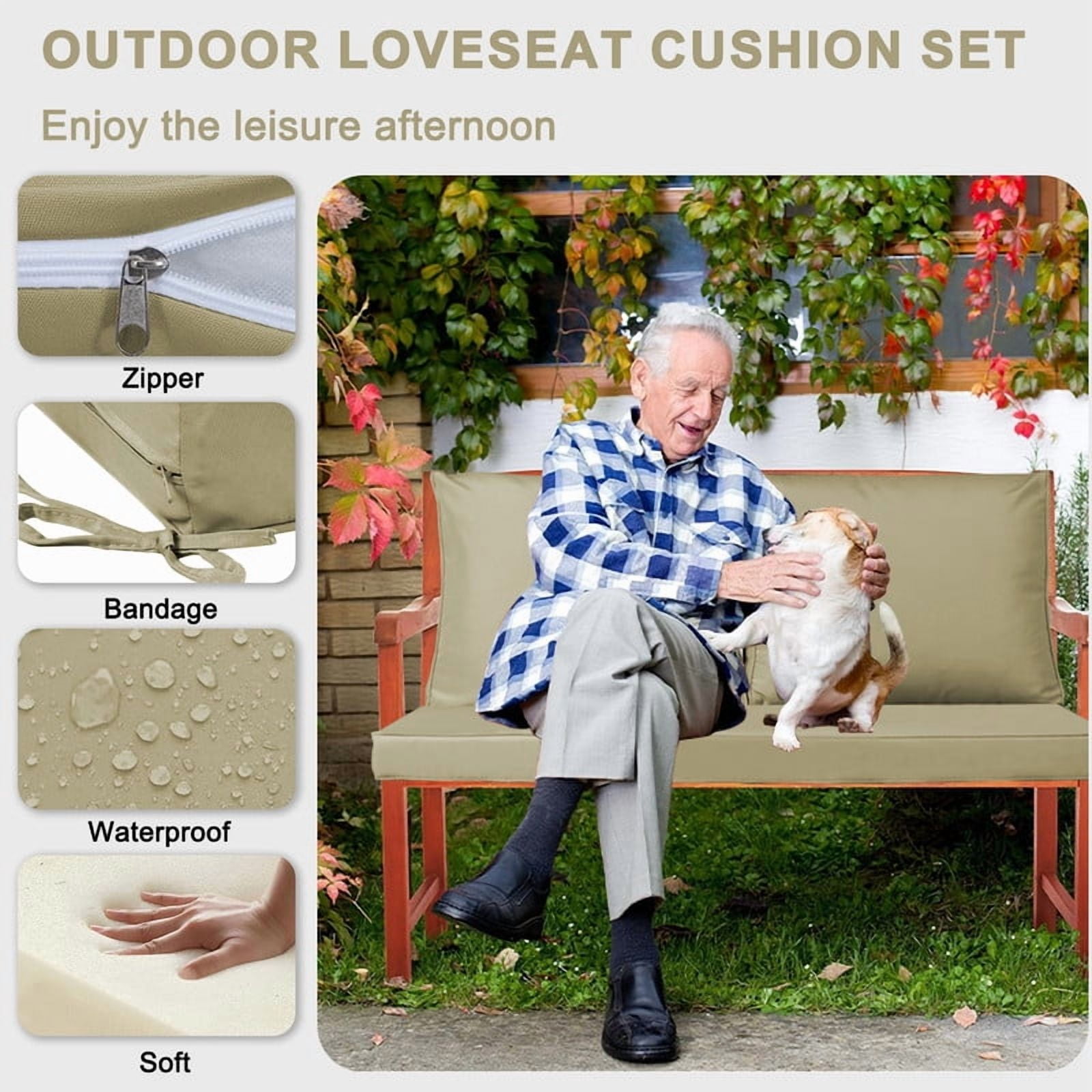 Outdoor Loveseat Cushions Set 48" x 24" Water Repellent & Fadeness Patio Furniture Cushions with Removable Cover and Ties, Patio Love Seat Sofa Cushions for Porch Garden Chair（Beige）
