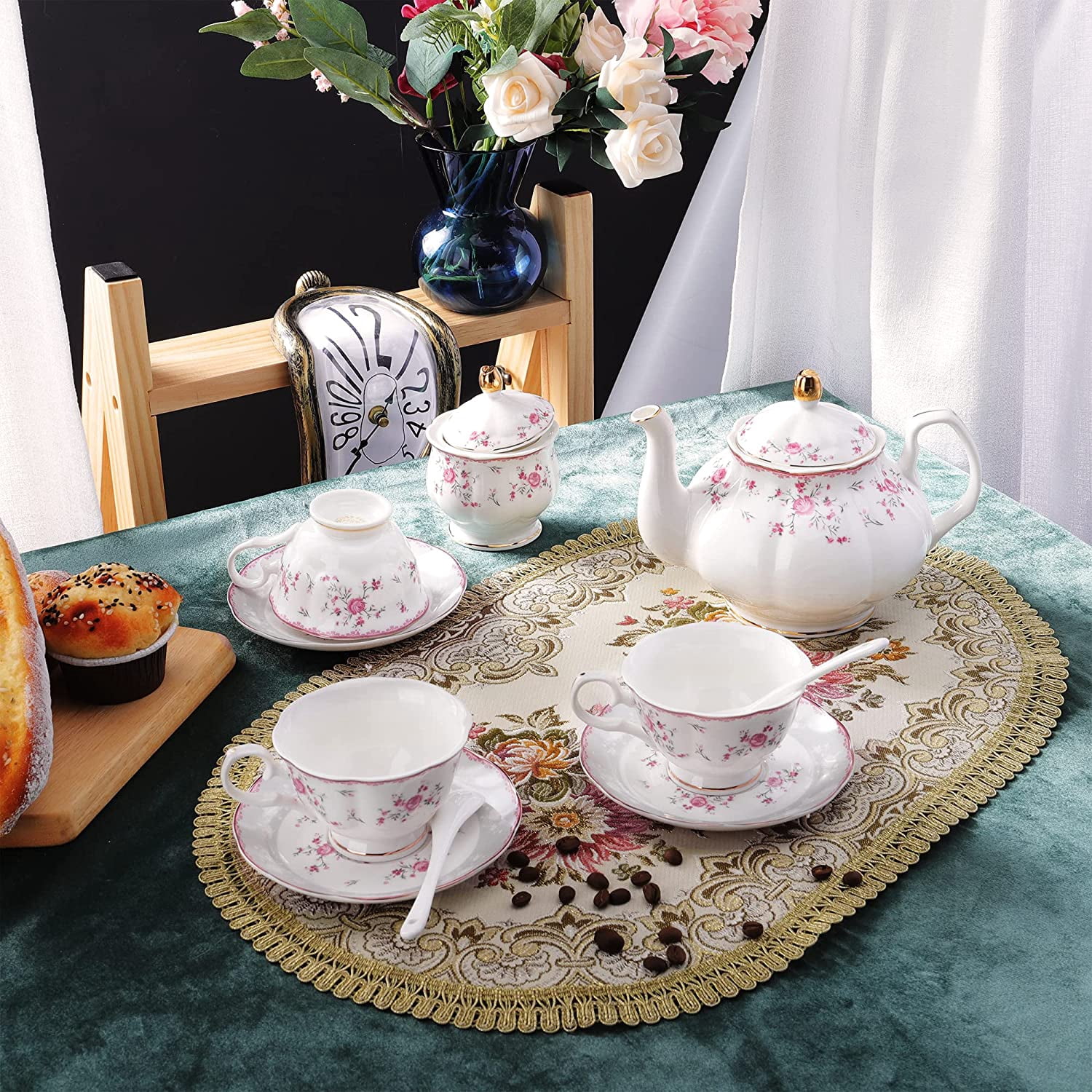 Porcelain Tea Set With Pearl Handles - 16-Piece Vintage Tea Party Set (Teapot, 6 Cups, Saucers, Plate)