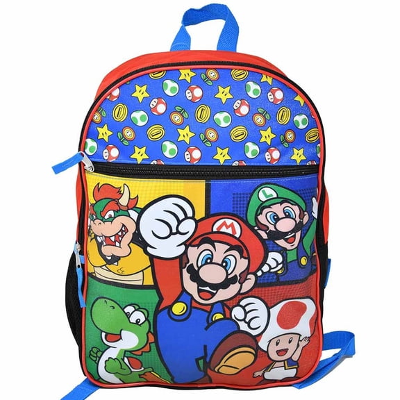 Bioworld Super Mario 16" Kids Backpack – Colorful Cartoon School Bag with Front Pocket & Side Mesh, Lightweight Travel Backpack for Boys & Girls