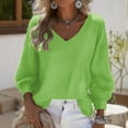 thumbnail image 2 of Fewfanhot Fall Clothes for Women Casual Long Puff Sleeve Loose V Neck Solid Lightweight Pullover Tops, 2 of 3