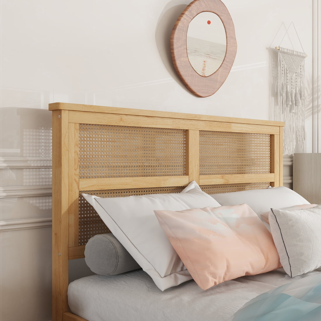 Full Size Rubberwood Bed Frame with Rattan Headboard and Reinforced Support Feet, Wooden Platform Bed Frame with Slat Support, 2 Storage Drawers, No Box Spring Required, White Oak