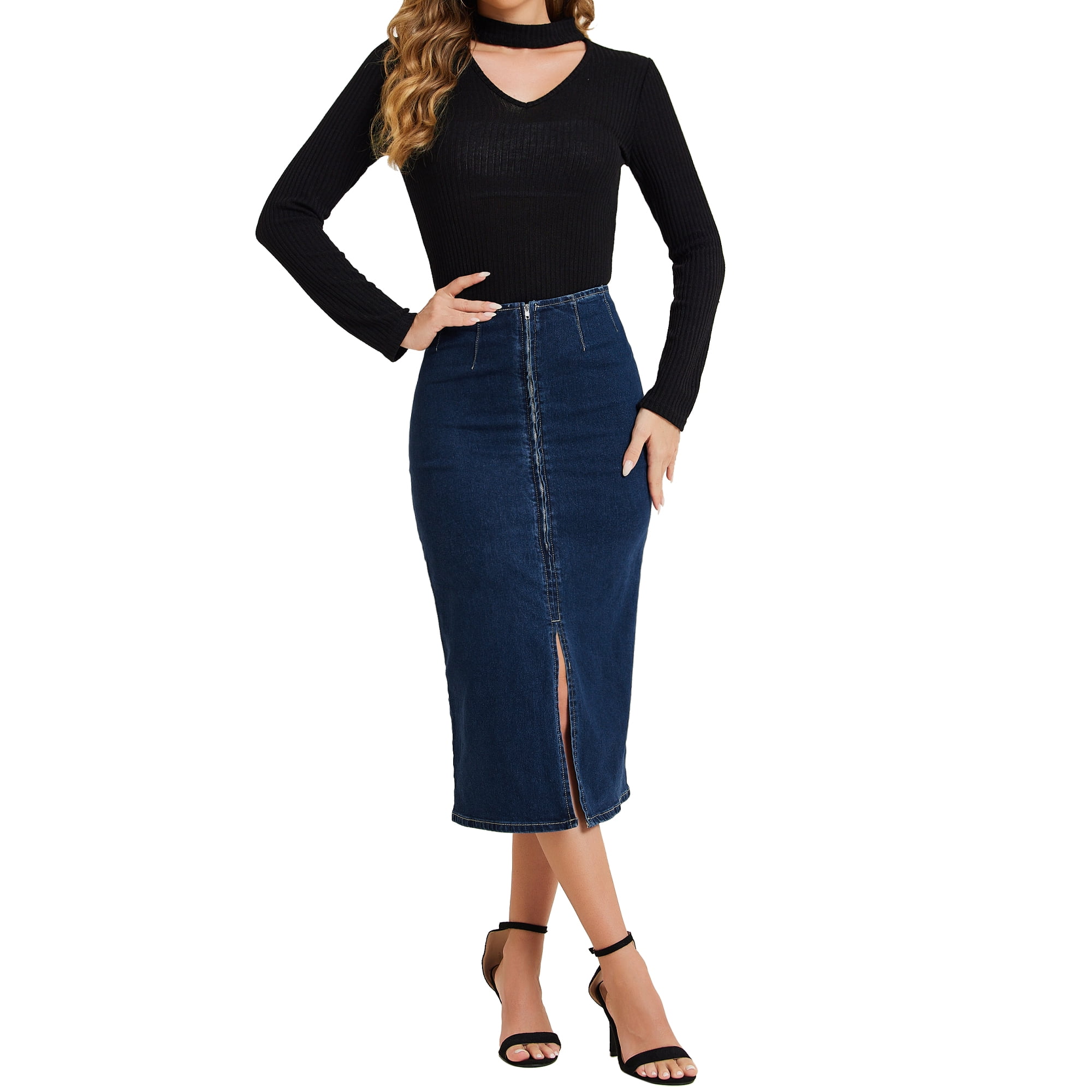 Unique Bargains Maxi Denim Skirt for Women s High Waist Zip Up Front Slit Bodycon Jean Skirt Dark Blue XS Walmart