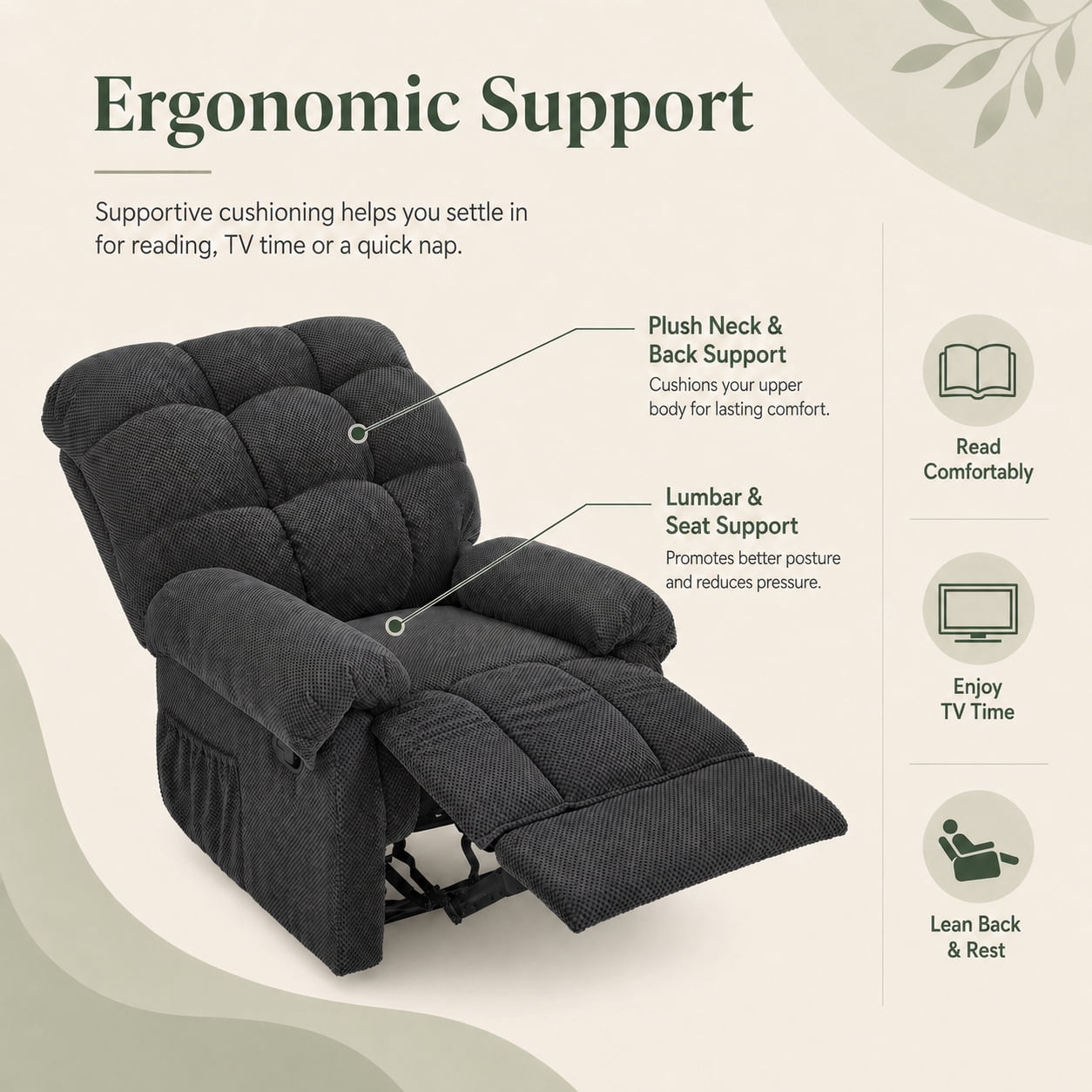 Miniyam Overstuffed Recliner Chair with Plush Armrests, Adjustable Ergonomic Recliner, 105° to 165° Reclining, Gray