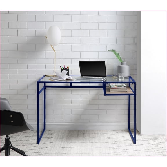 Desks, Modern Writing Desk with Glass Top & Storage | Blue Finish | Metal Frame