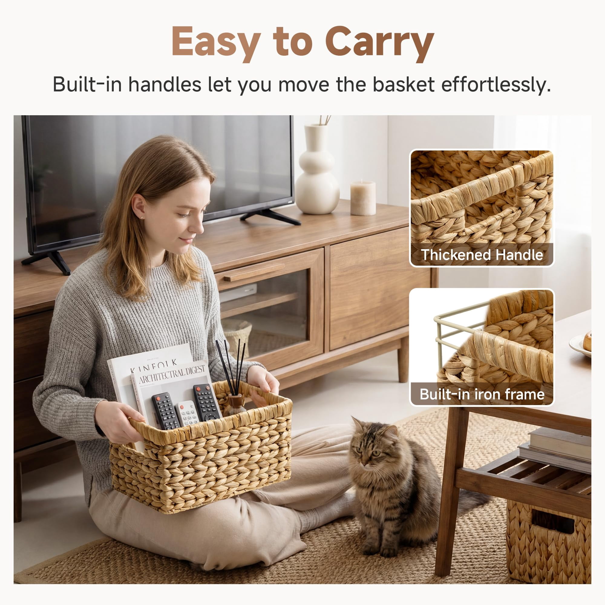 Wicker Storage Baskets for Organizing, Water Hyacinth Shelf Baskets with Built-in Handles, Medium 2 Pack, Natural Hyacinth