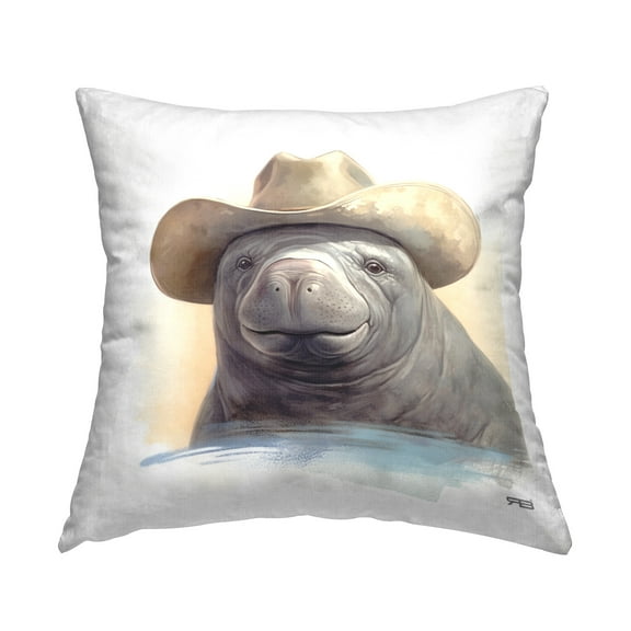 Stupell Industries Smiling Manatee with Hat Decorative Printed Throw Pillow Design by RB