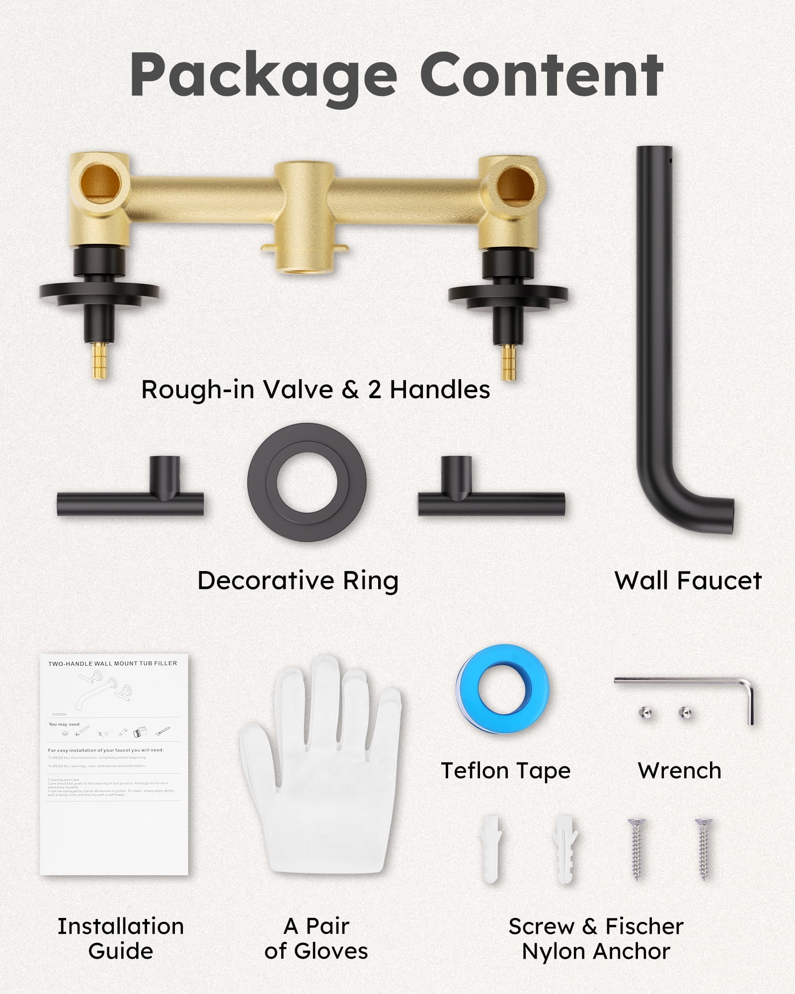 Wowow Wall Mount Tub Filler: Matte Black Tub Faucet High Flow Two Handles Solid Brass, Long Spout Reach, Bathroom Bathtub Faucets with 2 Handles Tub Faucet with Brass Rough in Valve Included