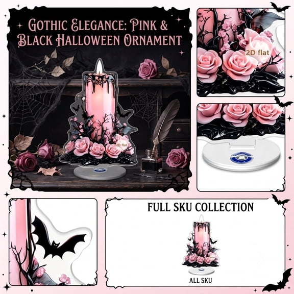 Halloween Table Decor 2D Acrylic Pink and Black Candle Decoration 1 Pack with Base Spooky Gothic Halloween Centerpiece for Home Party Indoor Holiday Decorations