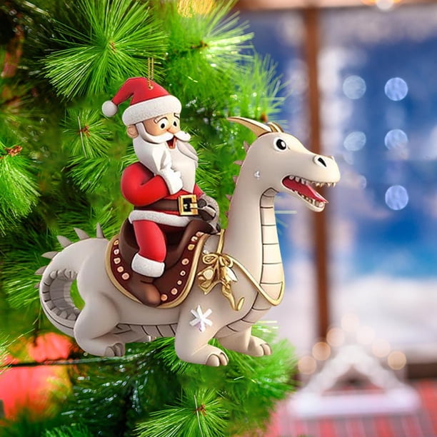 Adorno navideño acrílico 2D de Santa Claus White Dragon - Colgante plano para el árbol o la pared