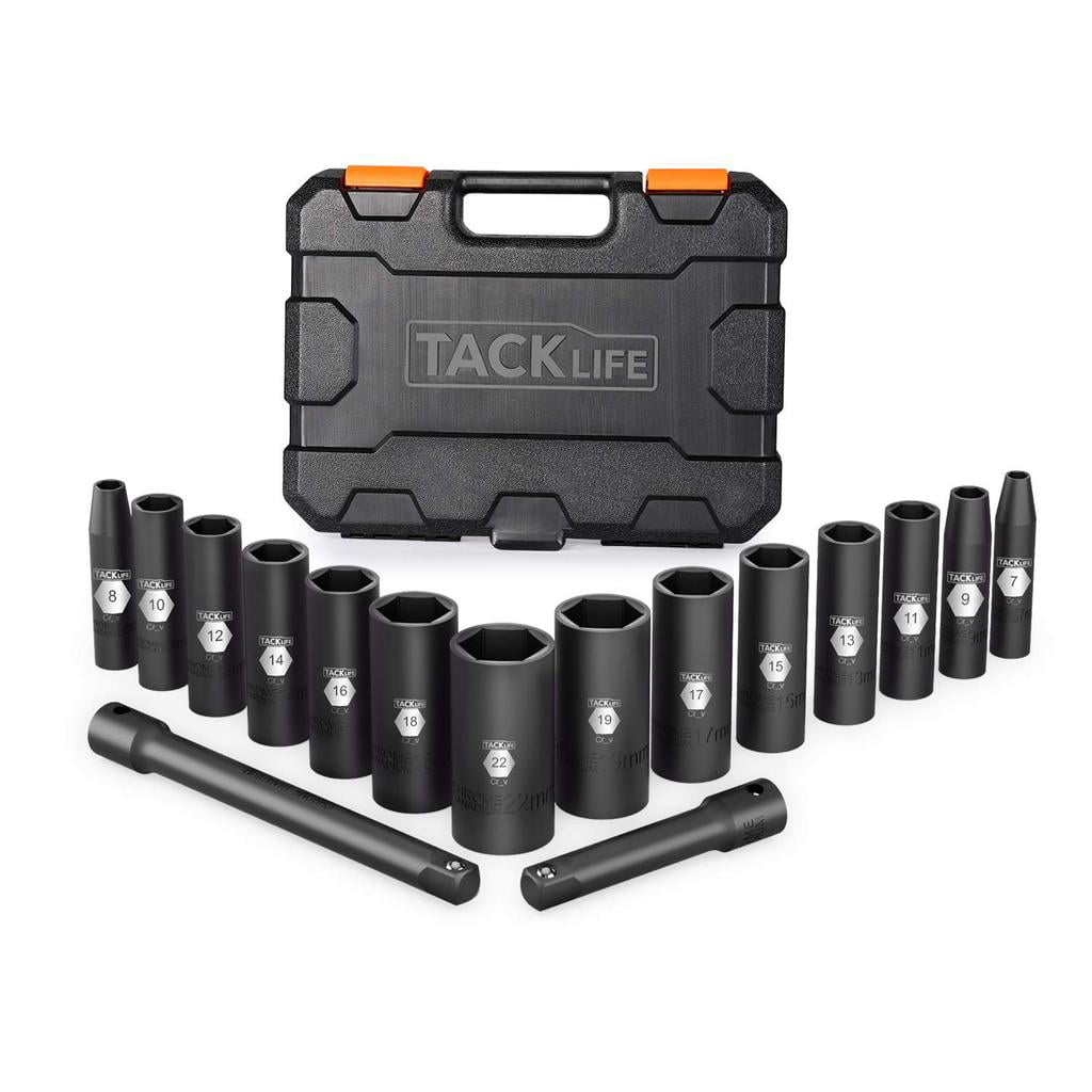 15pcs 3 and 6 extensions -HIS5A 6-Point CR-V Steel SAE Tacklife 3/8-Inch Drive Deep Impact Socket Set Heavy Duty Storage Case