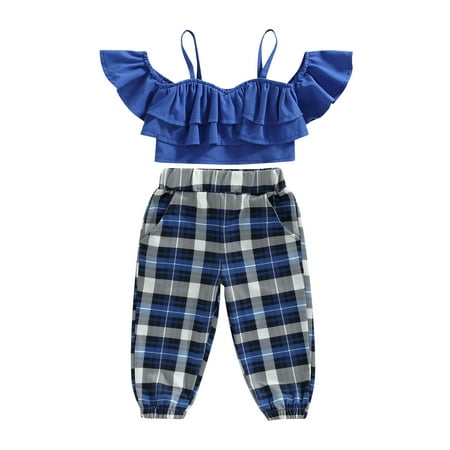 

TheFound 2Pcs Fashion Kids Girls Clothes Off Shoulder Ruffle Fly Sleeve T Shirt+Plaids Print Pants Sets