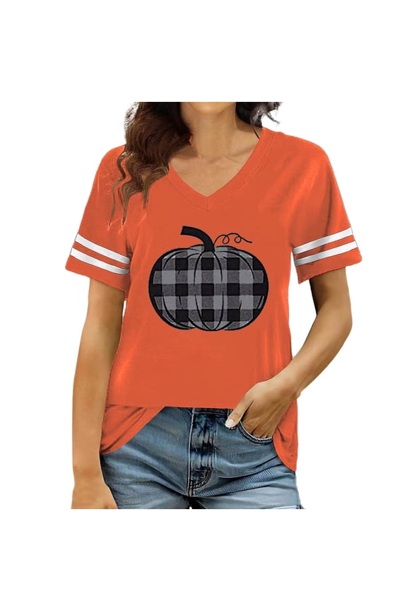Women'S Halloween Short Sleeve T Shirts Pumpkin Print V Neck Graphic Tops Comfortable Ladies Halloween Theme Party Tees Shirts Orange Size Xl