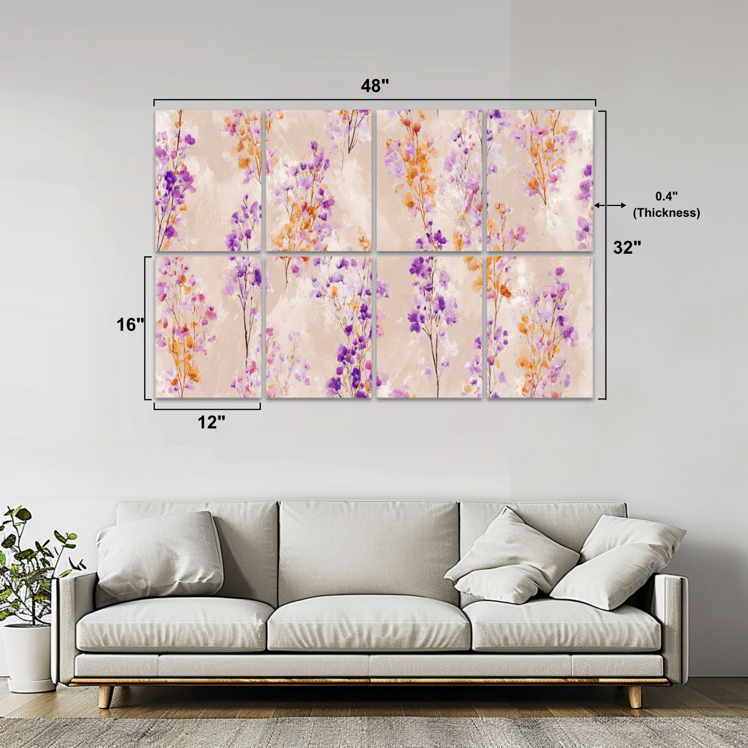 8 Pack Art Acoustic Panels Sound Absorbing Purple Orange Floral Watercolor Effect Beige Decorative Soundproof Wall Panels Self Adhesive for Nursery Game Room Bedroom 48"x32"