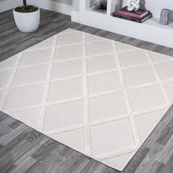 JONATHAN Y IBIZA 5' Square Area Rug, Salines Diamond Trellis - Ivory, IBZ101D-5SQ