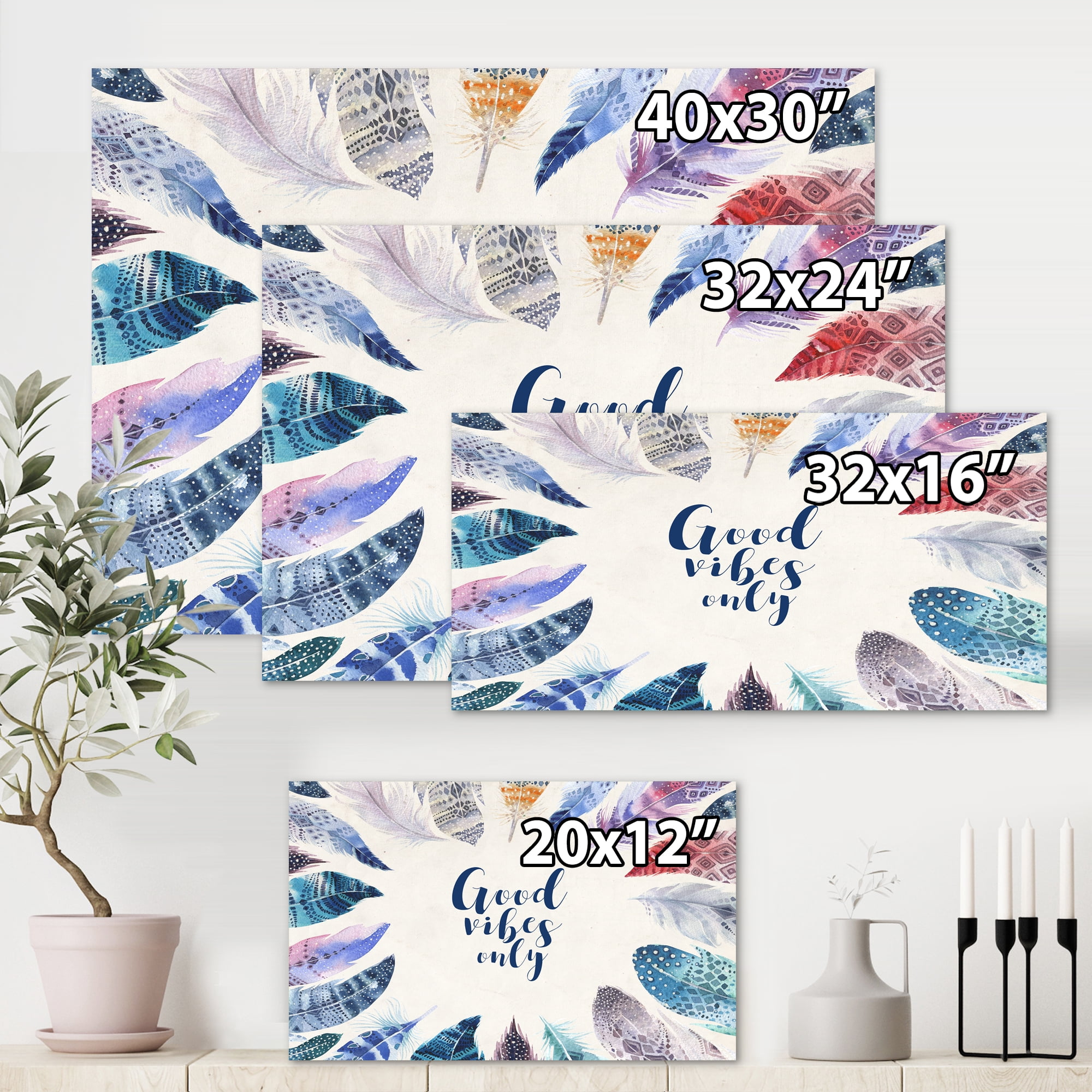 Designart ' Good VIbes Only Under Vibrant Blue Feathers ' Bohemian & Eclectic Canvas Wall Art Print