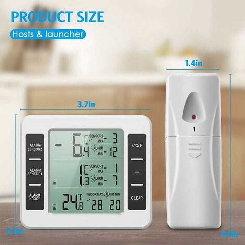Fridge Thermometer, Fridge Thermometer with Freezer Alarm, Wireless Indoor Outdoor Thermometer with 2 Sensors, MIN/MAX and Temperature Alarm, Connected Thermometer for Home